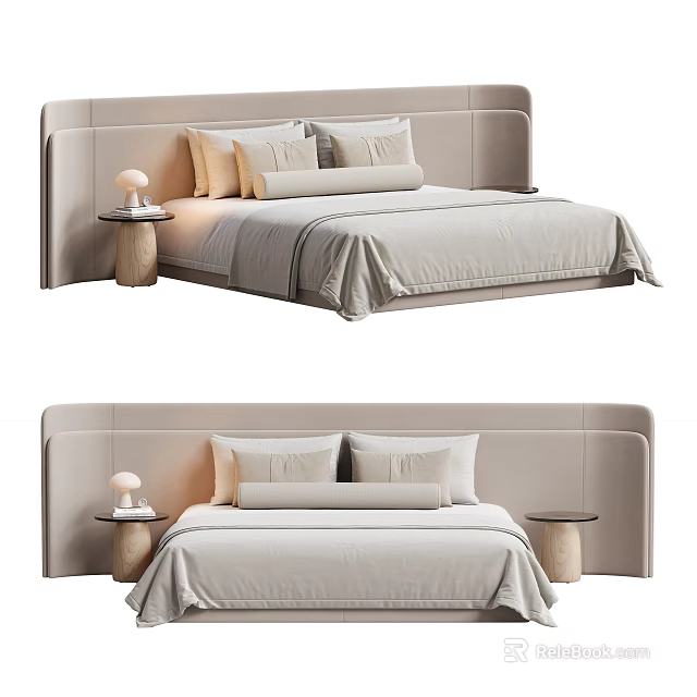 Modern Style Background Double Bed with Upholstered Headboard Cozy Pillows Light Nightstand and Table Lamp 3d model 
