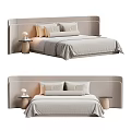 Modern Style Background Double Bed with Upholstered Headboard Cozy Pillows Light Nightstand and Table Lamp