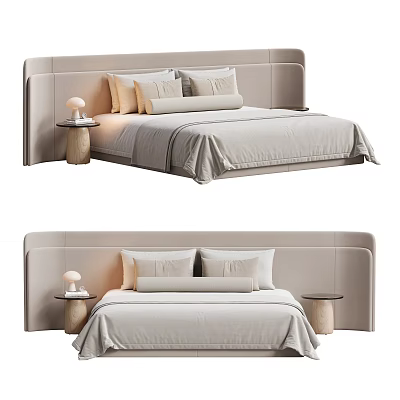 Modern Style Background Double Bed with Upholstered Headboard Cozy Pillows Light Nightstand and Table Lamp 3d model