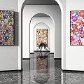 Modern Hotel Lobby Interior With Arched Doorways Colorful Floral Paintings And Marble Floors