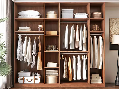 Wooden Wardrobe With Multiple Storage Compartments Hanging Clothes Folded Quilts Boxes And Baskets 3d model