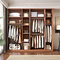 Wooden Wardrobe With Multiple Storage Compartments Hanging Clothes Folded Quilts Boxes And Baskets