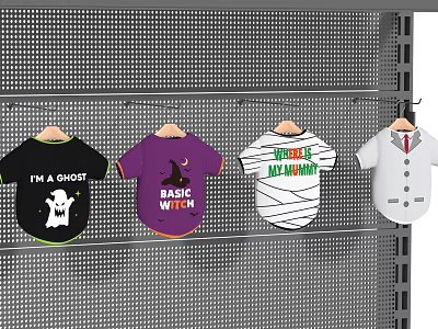 Halloween Themed Clothes Hanging On Metal Grid Rack With Ghost Witch Mummy And Dog Designs 3d model