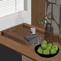 Fresh Green Apples in Wooden Bowl on Wooden Table with Glass Cups and Plant