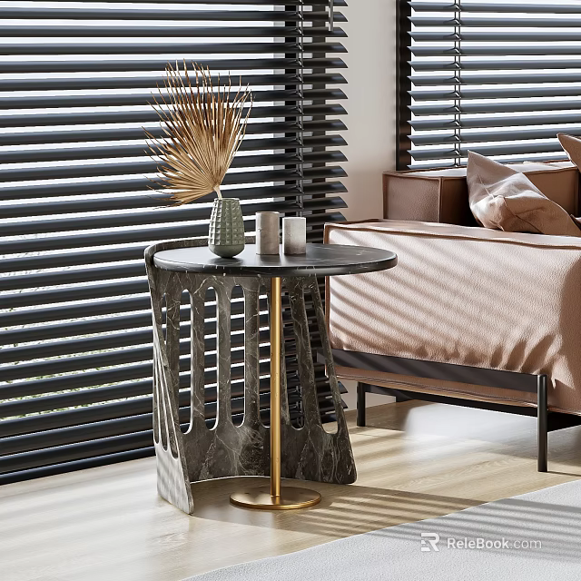 Elegant Modern Side Table With Marble Top Geometric Base And Sofa Near Blinds 3d model 