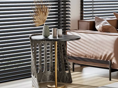 Elegant Modern Side Table With Marble Top Geometric Base And Sofa Near Blinds 3d model