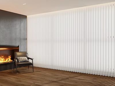 White Venetian Blinds in Modern Living Room with Dark Wall Wooden Floor Fireplace and Chair 3d model