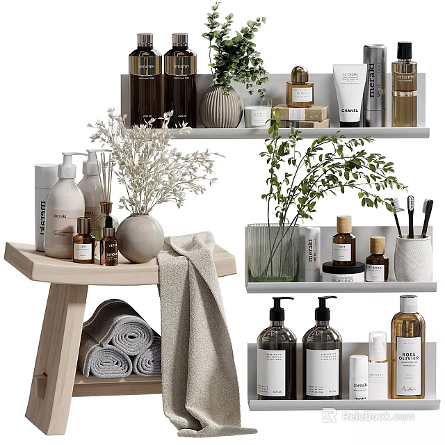 Natural Daily Washing Products Display With Bottles Towels And Green Plants On Shelves 3d model 