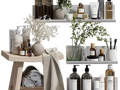 Natural Daily Washing Products Display With Bottles Towels And Green Plants On Shelves 3d model