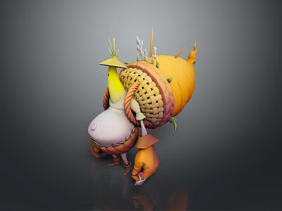 Cartoon Style Chubby Game Character With Straw Hat Orange Body Green Decorations 3d model
