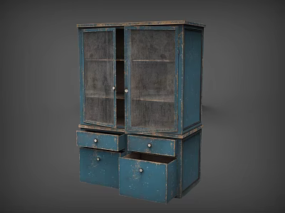 Vintage Blue Wooden Storage Cabinet With Glass Doors And Drawers 3d model