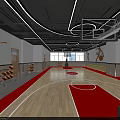 Spacious Modern Basketball Court Interior With Wooden Floor Red Zones Basketball Player Murals And Hoop