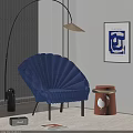 Modern Blue Fan Shaped Leisure Chair With Gold Floor Lamp And Abstract Wall Art