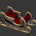 Ornate Christmas Sleigh With Golden Curved Frame Red Seat And Striped Decor