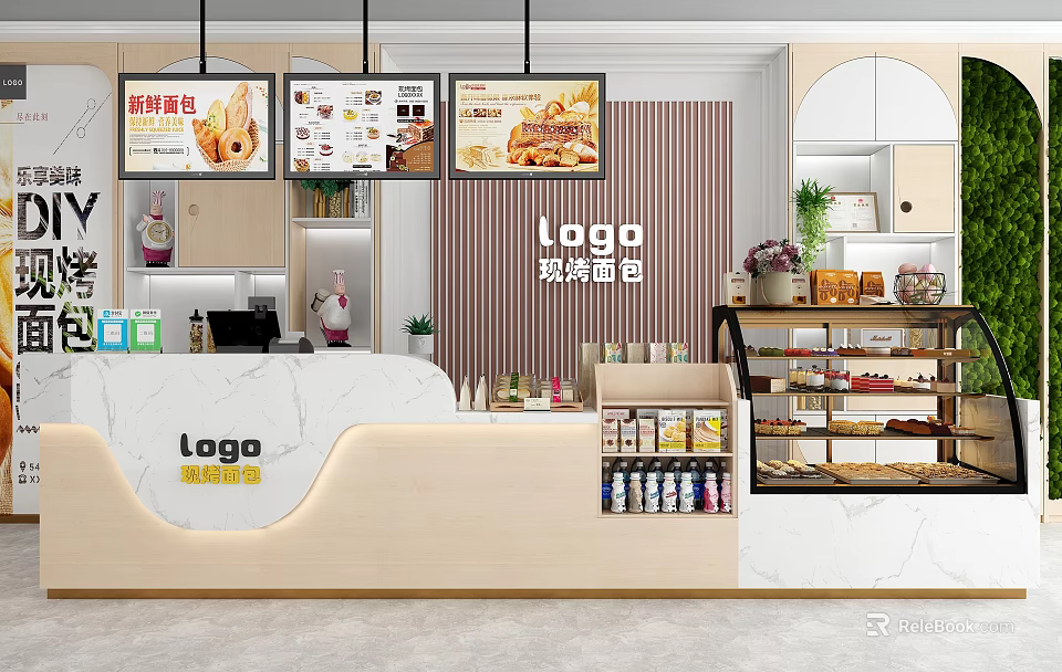 Dessert Shop Interior Featuring Modern Counter Fresh Desserts Display Shelves Menu Screens and Decorative Plants 3d model 