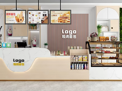 Dessert Shop Interior Featuring Modern Counter Fresh Desserts Display Shelves Menu Screens and Decorative Plants 3d model