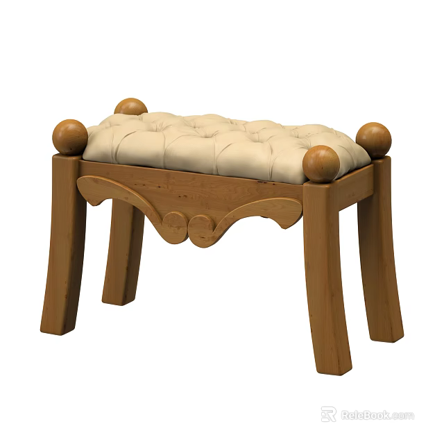 Wooden Stool Featuring Tufted Upholstered Seat Round Wooden Knobs And Carved Legs 3d model 