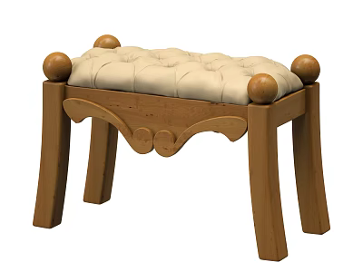 Wooden Stool Featuring Tufted Upholstered Seat Round Wooden Knobs And Carved Legs 3d model