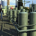 Industrial Plant Exterior Featuring Large Cylindrical Storage Tanks Metal Railings And Chimneys