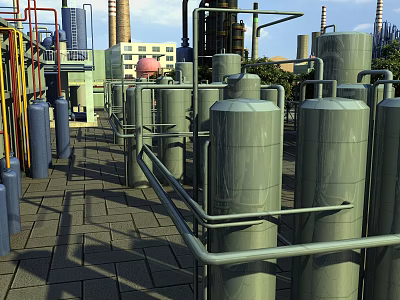 Industrial Plant Exterior Featuring Large Cylindrical Storage Tanks Metal Railings And Chimneys 3d model