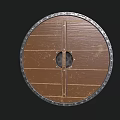 Round Brown Wooden Shield With Silver Metal Rim Celtic Patterns And Central Metal Decoration