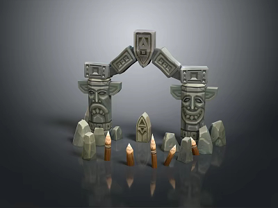 Ancient Stone Arch Structure With Totem Poles Face Carvings Shield Decoration And Candles 3d model