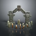 Ancient Stone Arch Structure With Totem Poles Face Carvings Shield Decoration And Candles