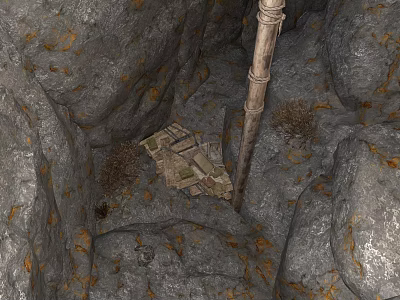 Natural Cave Interior With Rough Rock Walls Wooden Pole And Scattered Stone Blocks 3d model