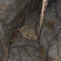 Natural Cave Interior With Rough Rock Walls Wooden Pole And Scattered Stone Blocks