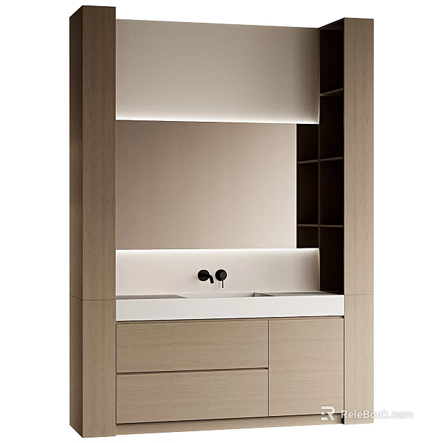 Modern Built in Washbasin with Wooden Cabinet and Ambient Lighting 3d model 