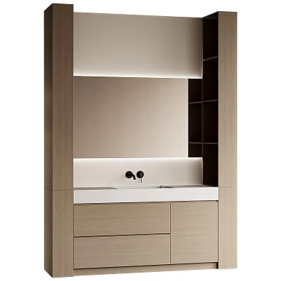 Modern Built in Washbasin with Wooden Cabinet and Ambient Lighting 3d model