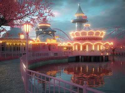 Scenic Garden Landscape with Cherry Blossom Trees Pink Railings Illuminated Towers and Water Reflections 3d model
