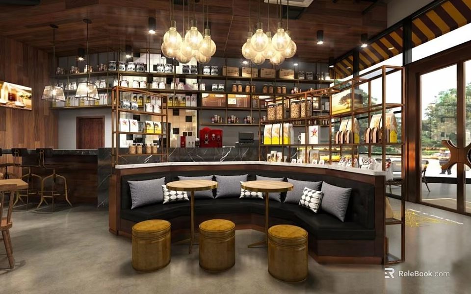 Cozy Café Interior With Wooden Ceiling Chandeliers Shelves Round Tables And Curved Sofa Seating 3d model 