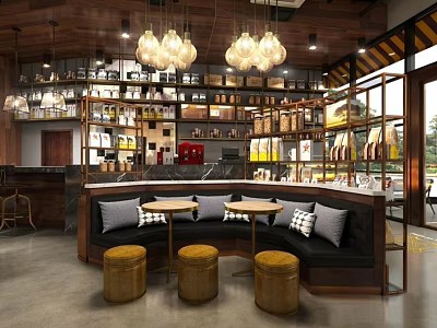 Cozy Café Interior With Wooden Ceiling Chandeliers Shelves Round Tables And Curved Sofa Seating 3d model