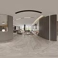 Modern Open Dining and Living Room Interior With Marble Floor And Wooden Panels