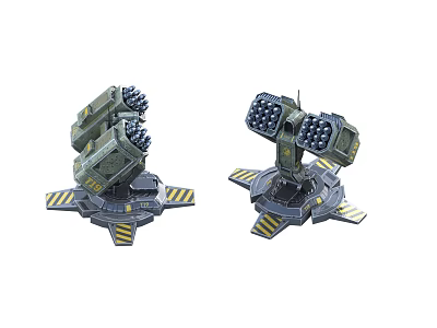 Military Multi Barrel Turret Weapon With Warning Striped Base And Defense System 3d model