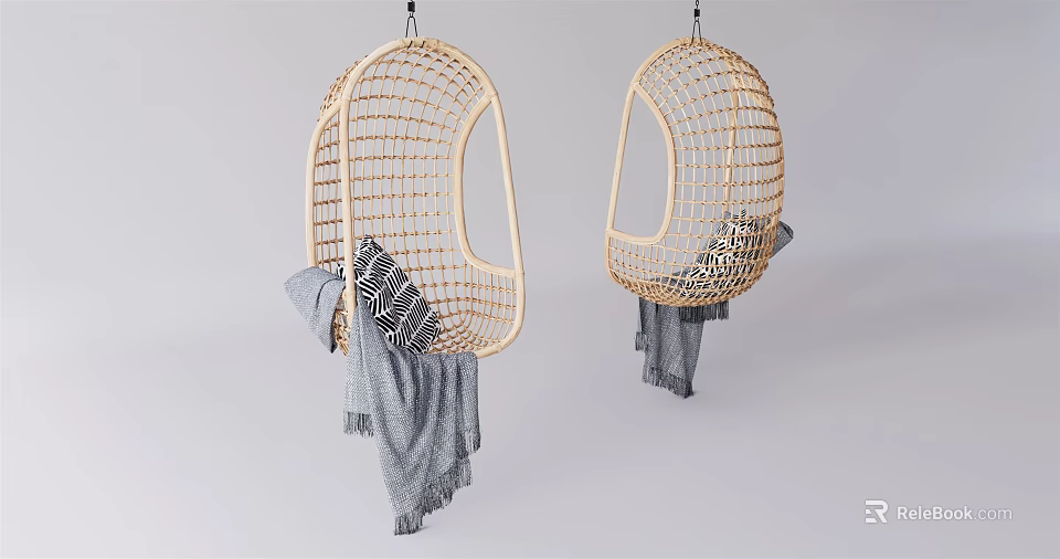 Stylish Rattan Hanging Chairs With Round Design Cushions And Gray Blankets 3d model 