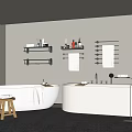 Modern Bathroom Interior With Two White Bathtubs Wall-Mounted Shelves Towels Stool And Gray Carpet