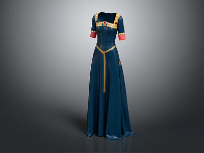 Elegant Blue Long Dress with Gold Accents Red Cuffs and Embroidered Belt 3d model