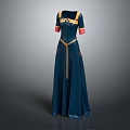 Elegant Blue Long Dress with Gold Accents Red Cuffs and Embroidered Belt