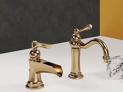 Golden Faucets With Elegant Vintage Design On Dark And Yellow Background With Transparent Crystal 3d model