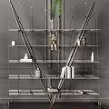 Modern Glass Shelf Bookcase With Metal Frame Green Plants Books And Decorative Items On Wooden Floor