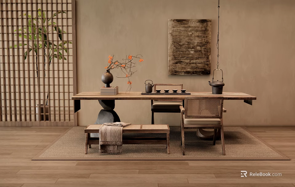 Traditional Tea Table and Chairs with Ceramic Vase Tea Set Plant Rug and Decorative Painting 3d model 