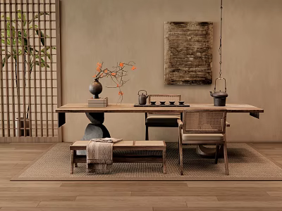 Traditional Tea Table and Chairs with Ceramic Vase Tea Set Plant Rug and Decorative Painting 3d model