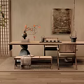 Traditional Tea Table and Chairs with Ceramic Vase Tea Set Plant Rug and Decorative Painting