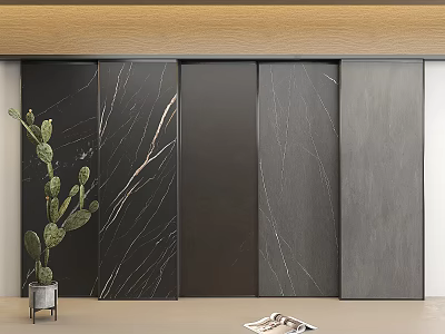 Stylish Double Doors With Dark Marble Texture In Interior And Cactus On Side Table 3d model