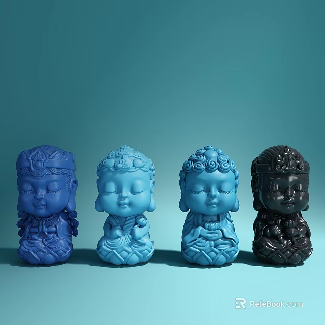 Exquisite Decorative Ornament Set With Four Blue And Black Buddha Figurines 3d model 