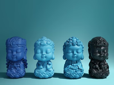 Exquisite Decorative Ornament Set With Four Blue And Black Buddha Figurines 3d model