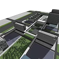 Modern Urban Architecture Exterior With Glass Facade Geometric Roof Tall Buildings Trees And Pedestrians