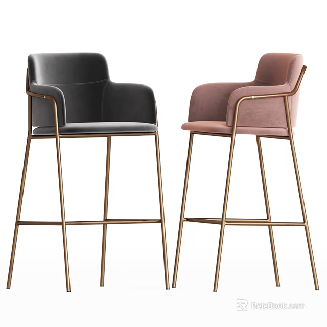 Modern Stylish Black And Pink Armed Bar Stools With Brass Metal Frame 3d model 